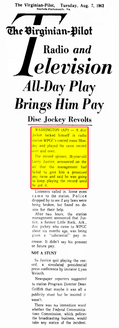 WPGC Article - 08/07/62 - Virginian Pilot - All Day Play Gets Him Pay 