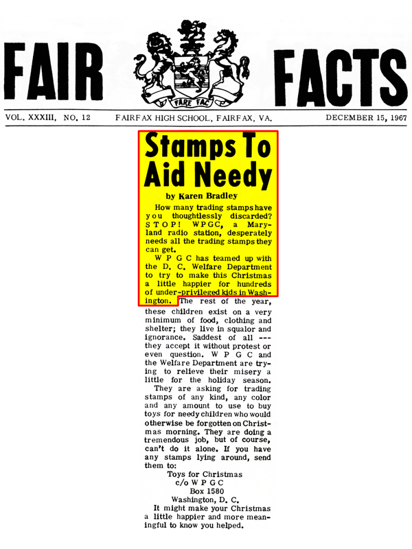 WPGC Article - 12/15/67 - Fair Facts - Stamps To Aid Needy