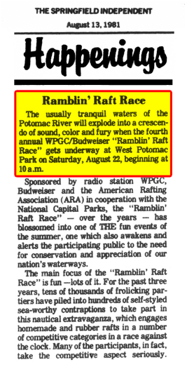 WPGC Article - 08/13/81 - Springfield Independent - Rmblin' Raft Race