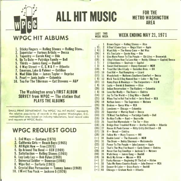 WPGC Music Survey Weekly Playlist - 05/21/71 - inside