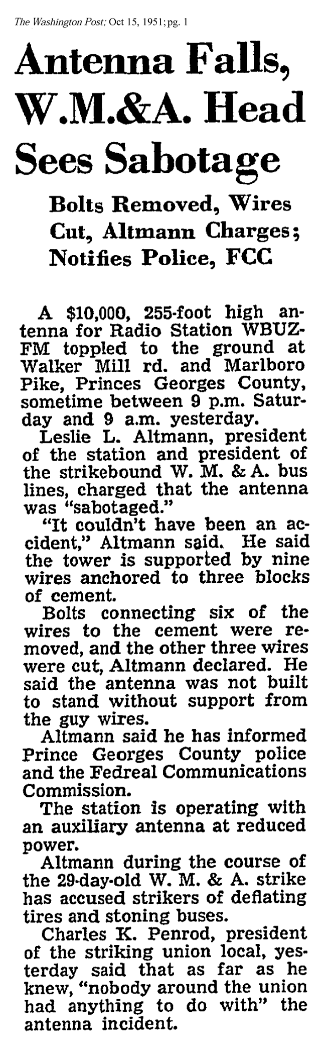 WPGC Article - 10/13/51 - WBUZ Tower Falls