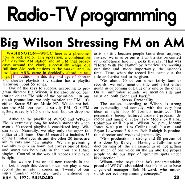 WPGC - Billboard - Big Wilson Stressing FM on AM - 07/08/72