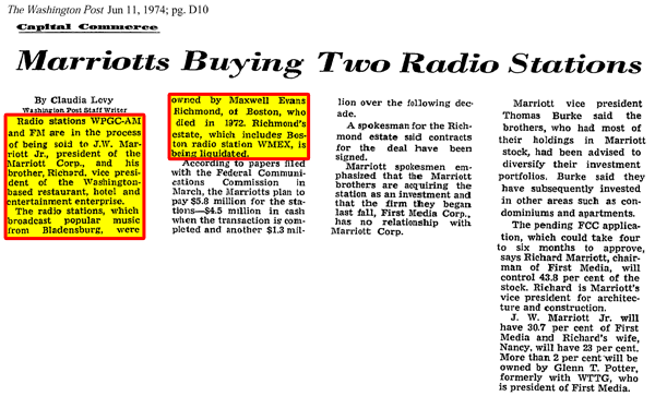 WPGC Article - 06/11/74 - Washington Post - Marriotts Buying Two Radio Stations 