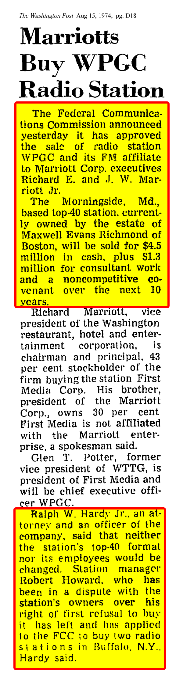 WPGC Articles - 08/15/74 - Washington Post - Marriotts Buy WPGC