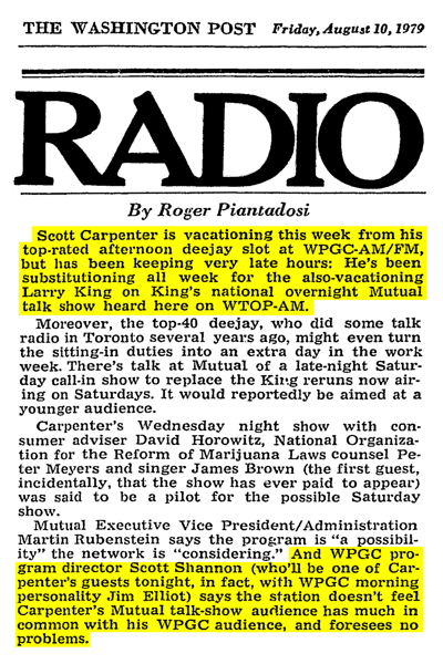 WPGC - Article - Washington Post - Scott Carpenter fills in for Larry King - 08/10/79