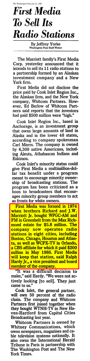 WPGC Articles - Washington Post - 'First Media To Sell Its Radio Stations' - 07/14/87