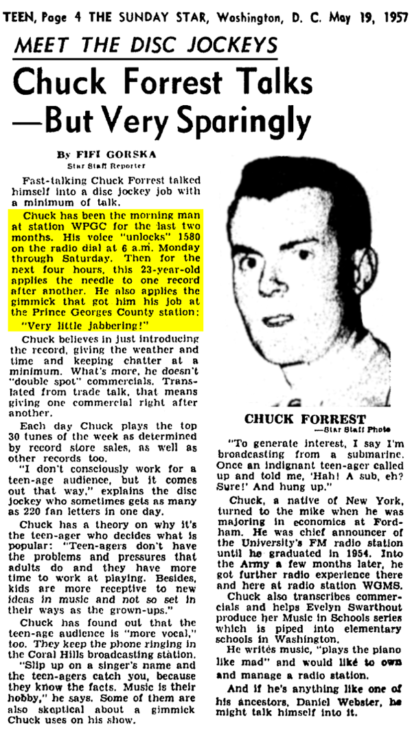 WPGC Articles - Washington Star - 05/19/57 - Chuck Forrest Talks - But Very Sparingly