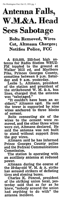 WPGC Article - Washington Post - 10/13/51 - WBUZ Tower Falls