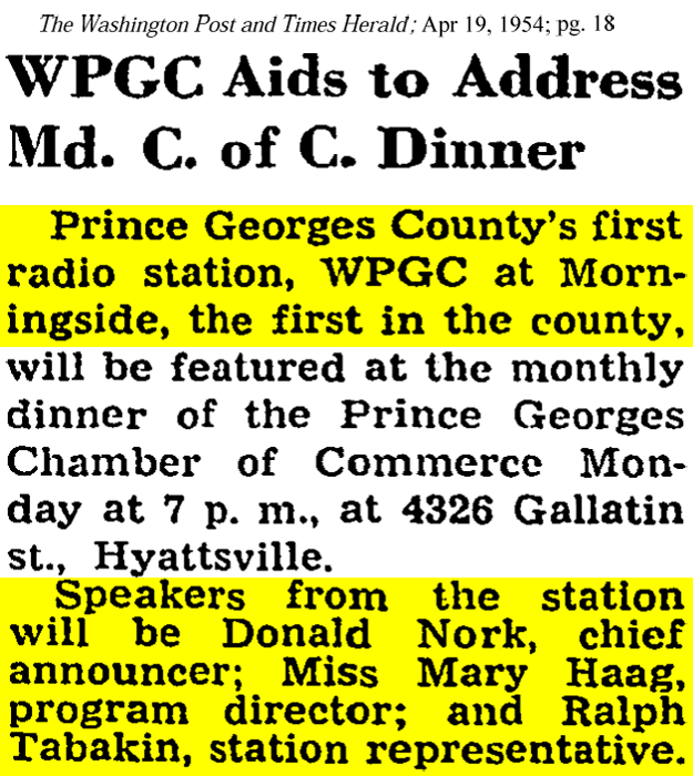 WPGC Articles - 04/19/54 - Washington Post - WPGC Aids To Address Chamber Of Commerce